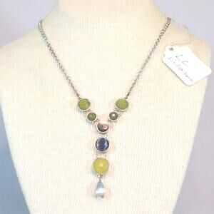 Liz Claiborne Y Pendant Necklace SIlver Tone Chain Faceted Pastel Crystal Stones